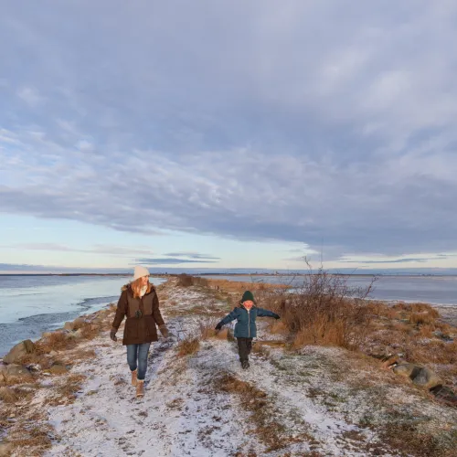 Vinterutflykt till Beijershamn på Öland. Mamma och dotter går ut på en pir och kollar efter fåglar.