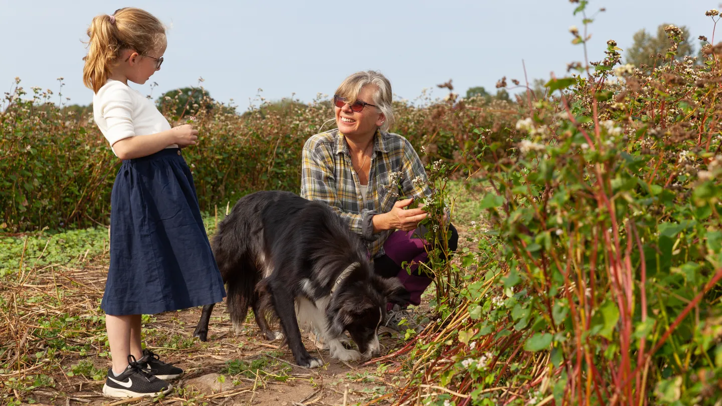 En kvinna, ett barn och en hund är ute i naturen tillsammans.