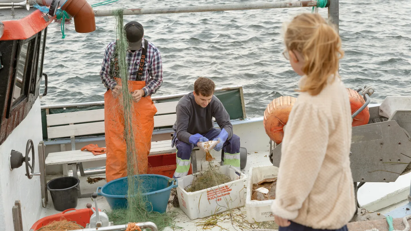 En kvinna och ett barn beställer mat i en butik.Personer arbetar på en fiskebåt medan ett barn tittar på.